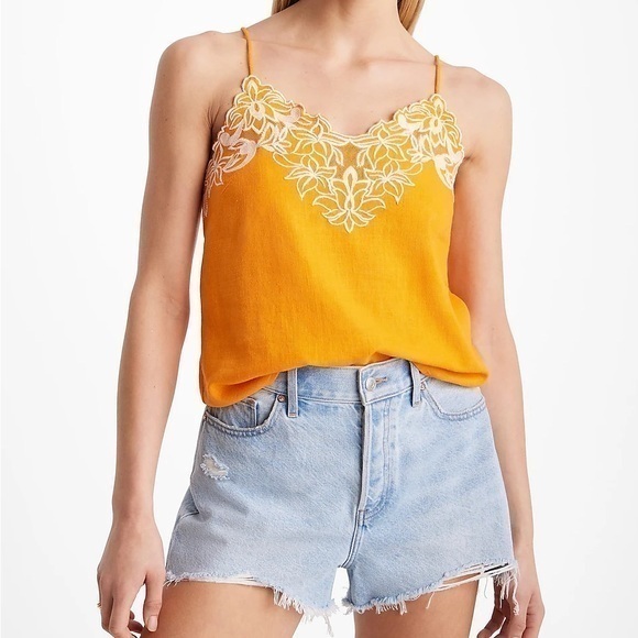 Express Tops - Women’s Linen-Blend V-Neck Embroidered Trim Downtown Cami